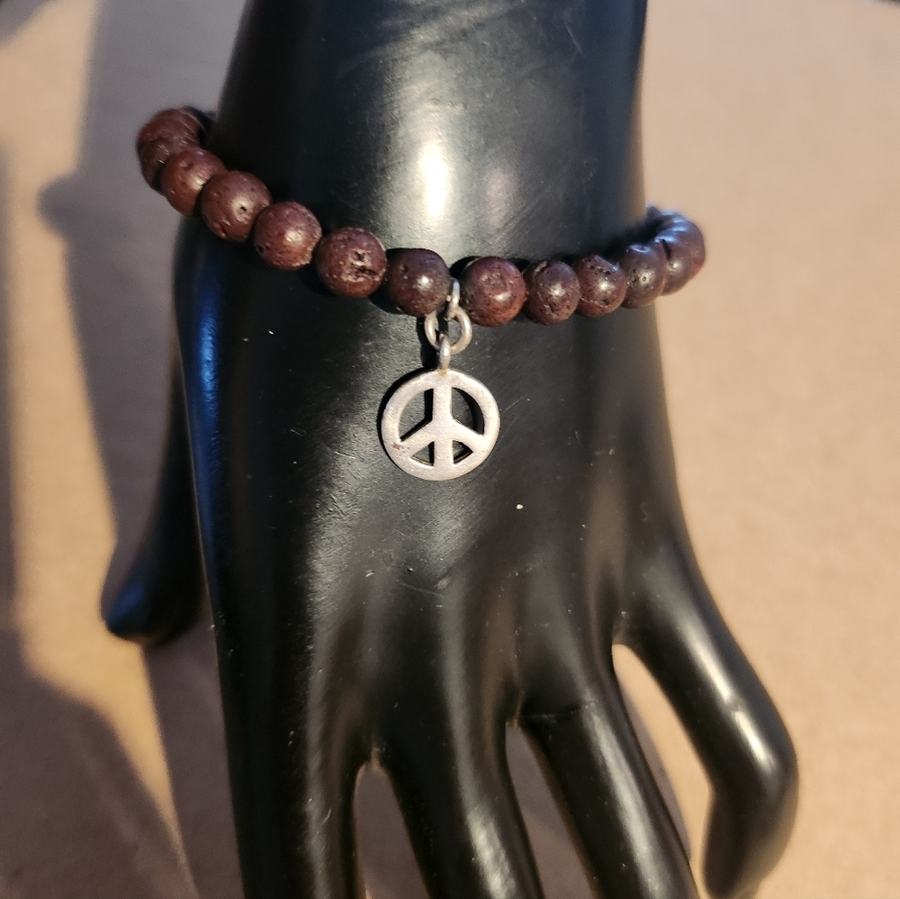 Wooden surfer / beach bracelet 925 sterling silver peace charm